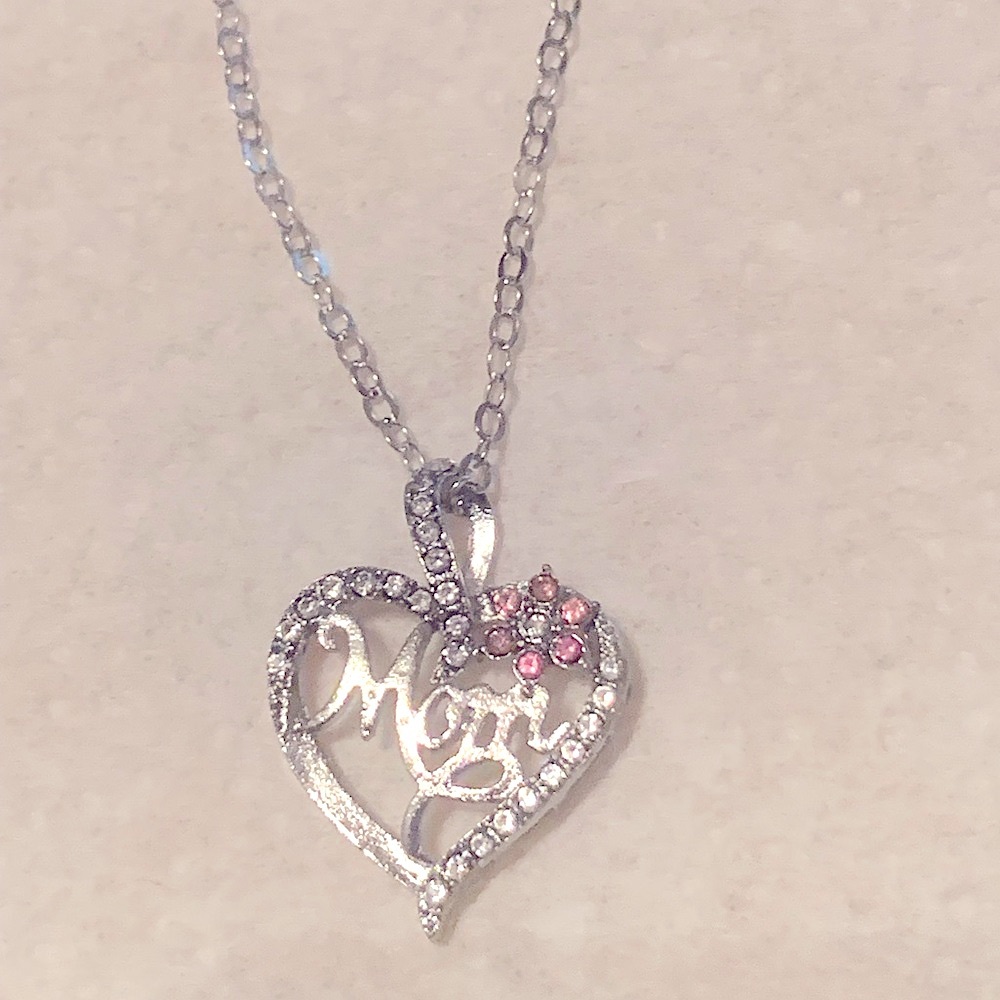 Silver Heart MOM CZ Necklace Rhinestones Simulated Pink Topaz 18-22” chain NWT